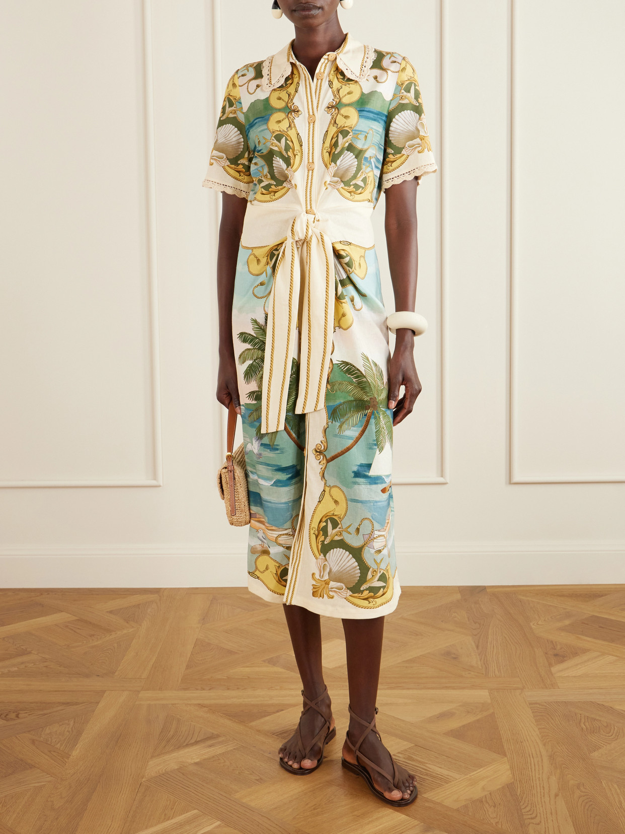 Royal Sea Tie-Detailed Lace-Trimmed Printed Linen-Blend Midi Dress
