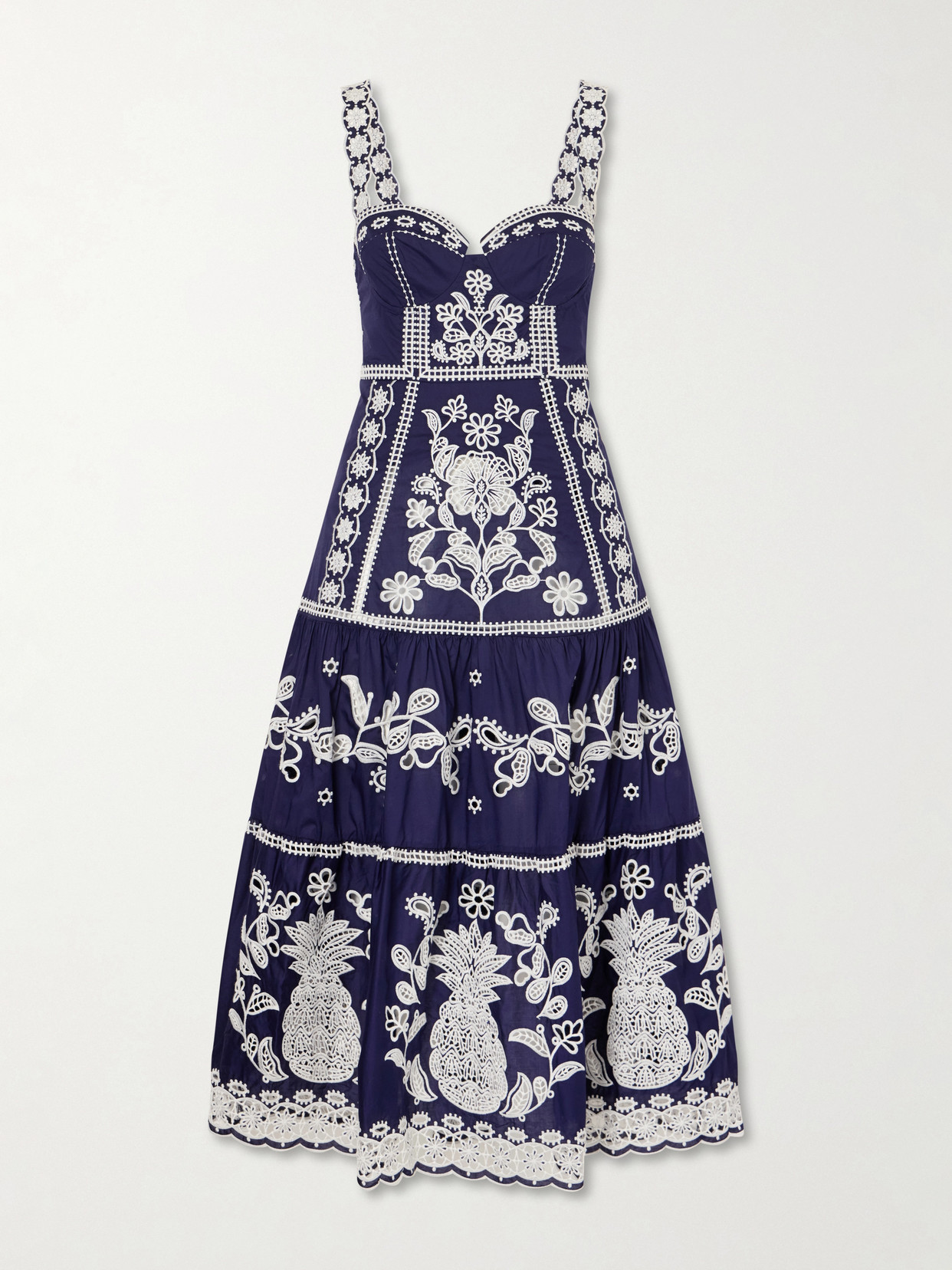 Farm Rio Tiered Embroidered Cotton-poplin Midi Dress In Blue