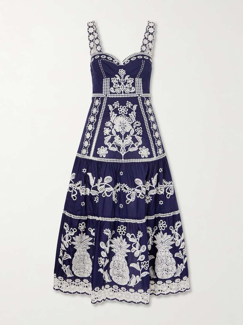 Farm Rio Tiered Embroidered Cotton-poplin Midi Dress