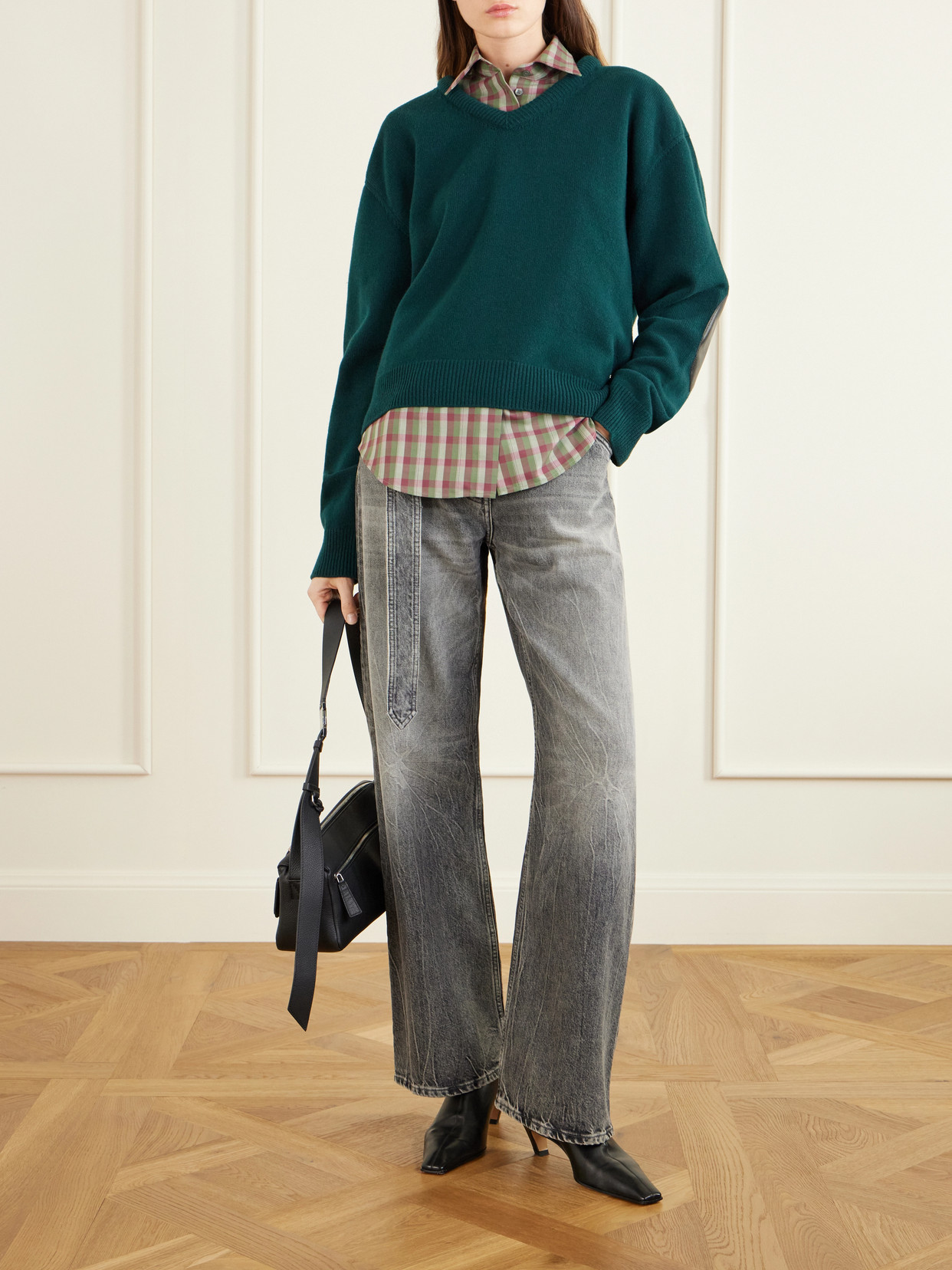 Leather-Trimmed Wool Sweater