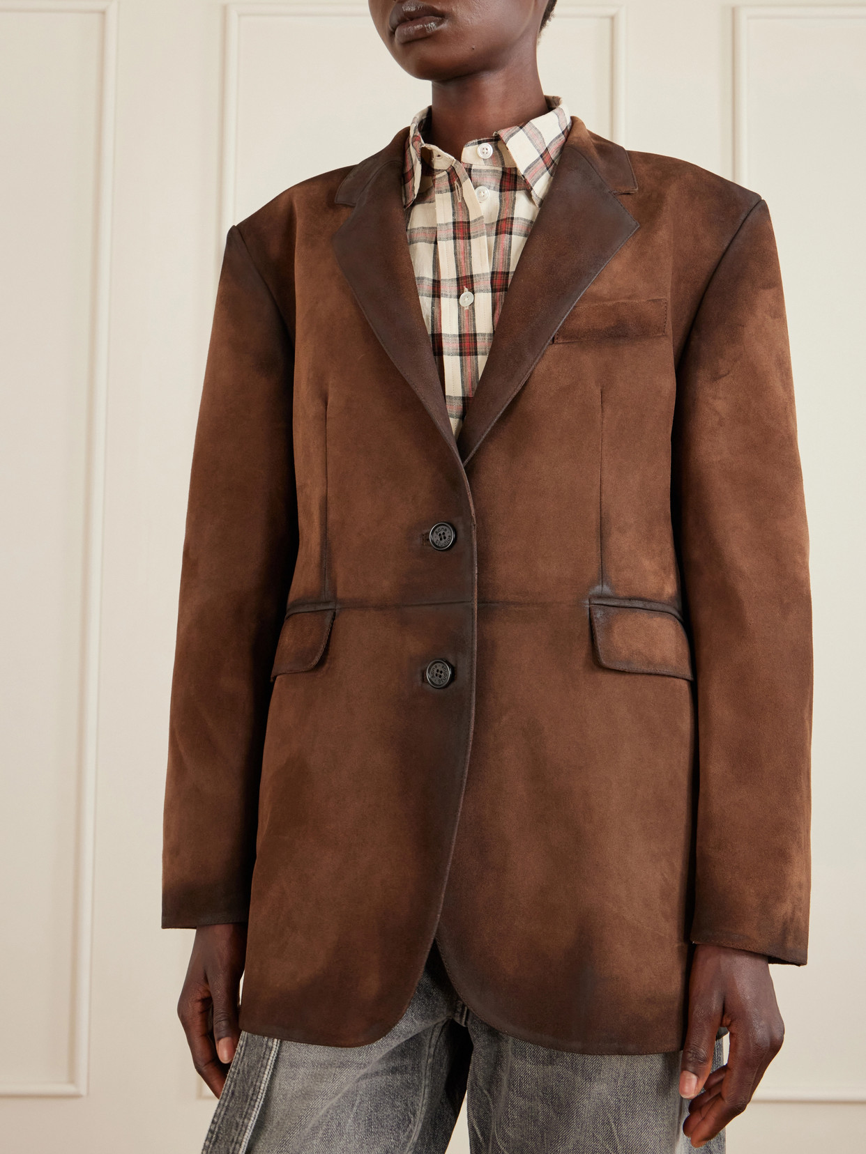 Acne Studios Distressed Suede Blazer In Brown