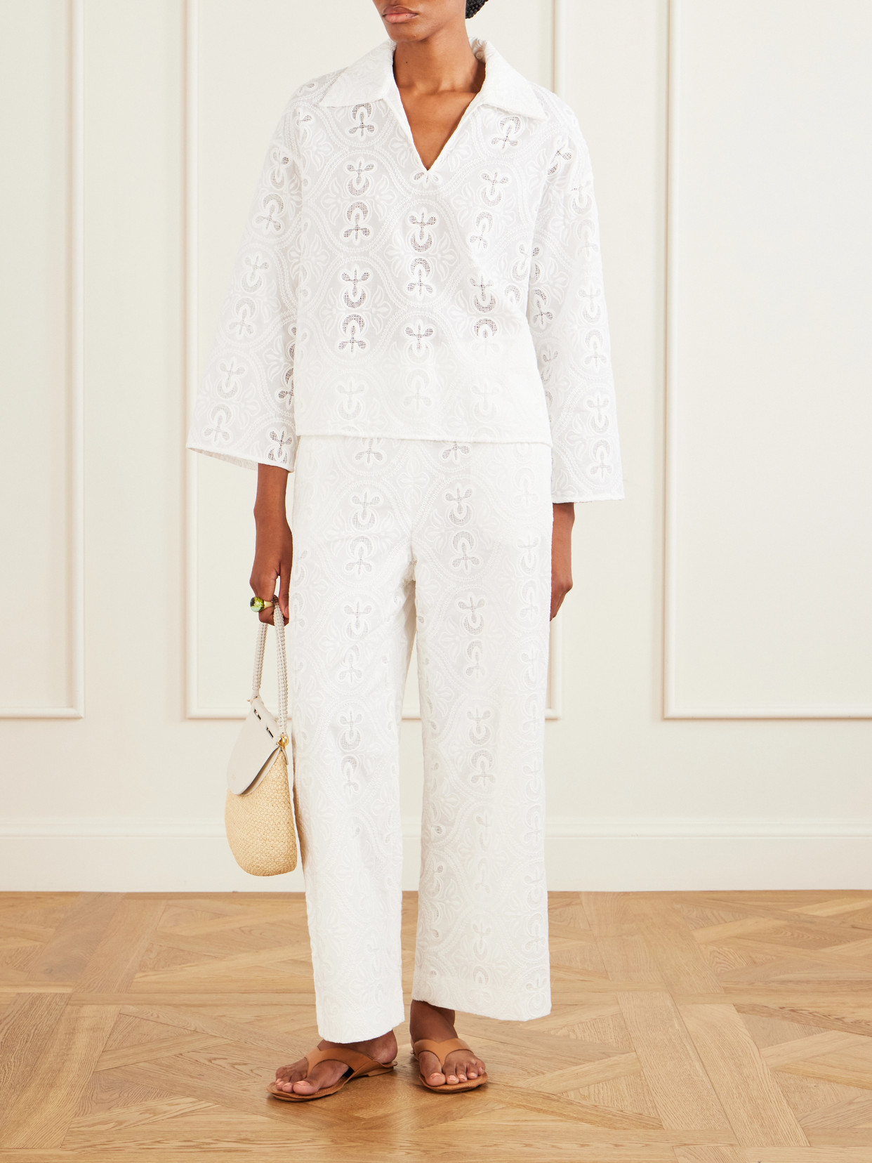 Leighton Floral-Embroidered Cotton-Blend Blouse