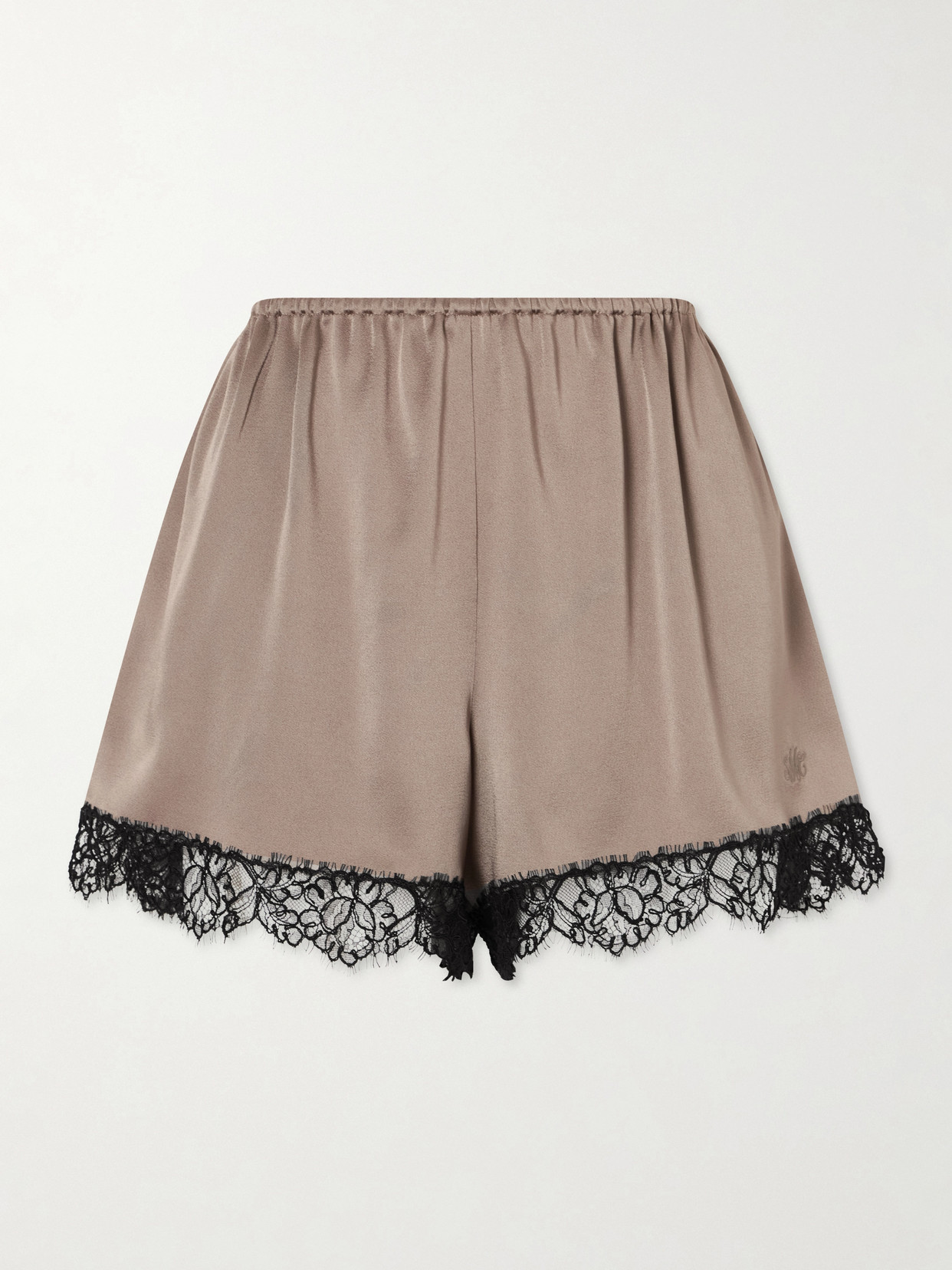 Stella Mccartney Lace-trimmed Embroidered Satin Shorts In Brown