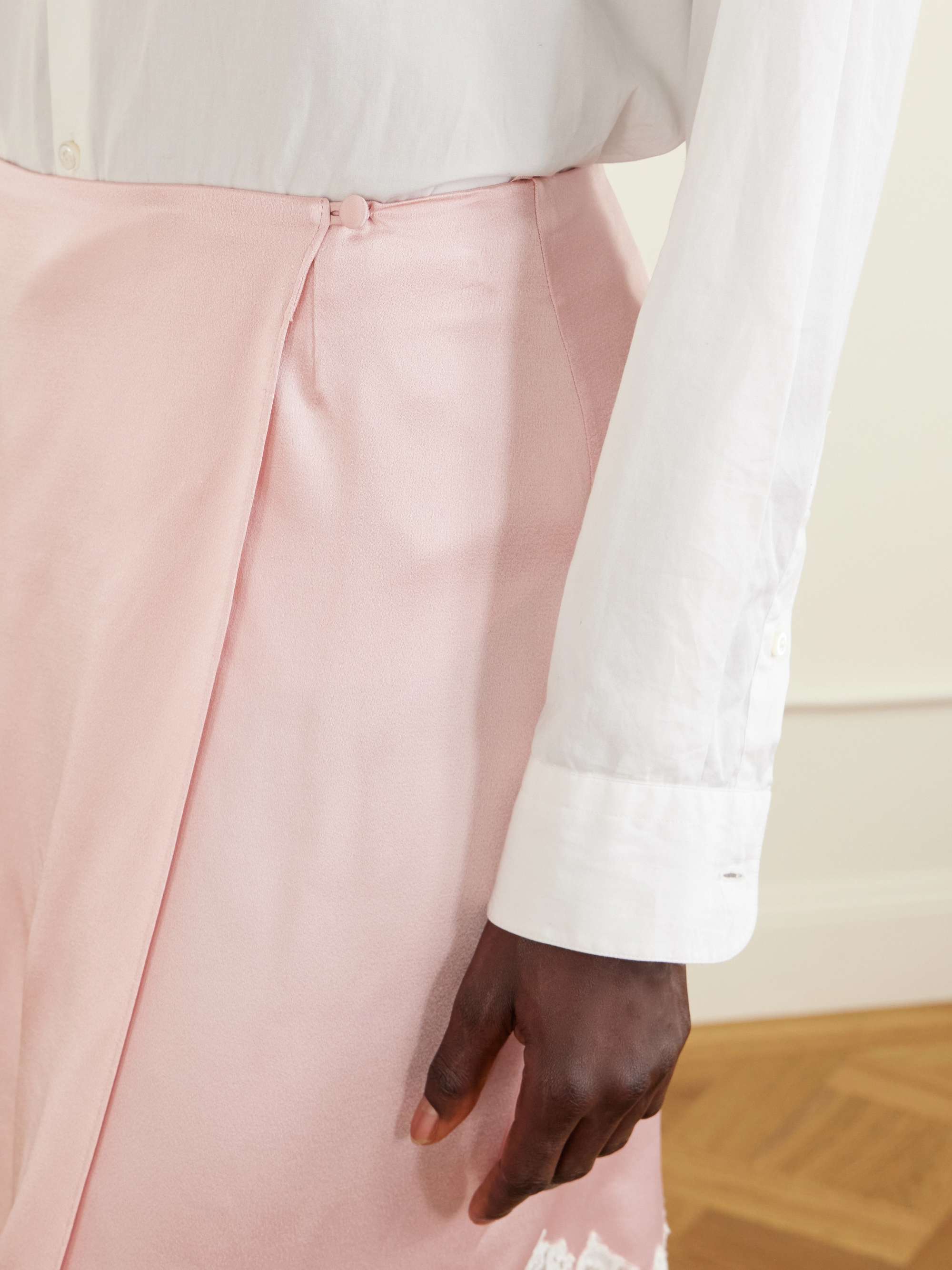 STELLA MCCARTNEY Lace-trimmed satin midi skirt | NET-A-PORTER