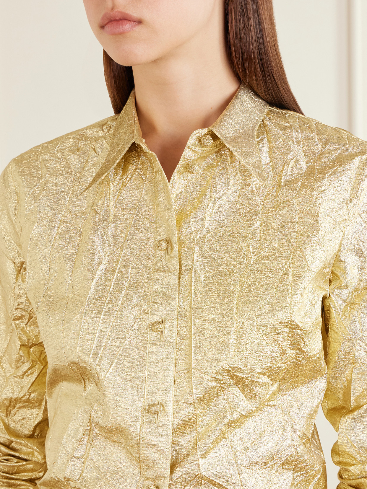 Crinkled Metallic Silk-Blend Shirt