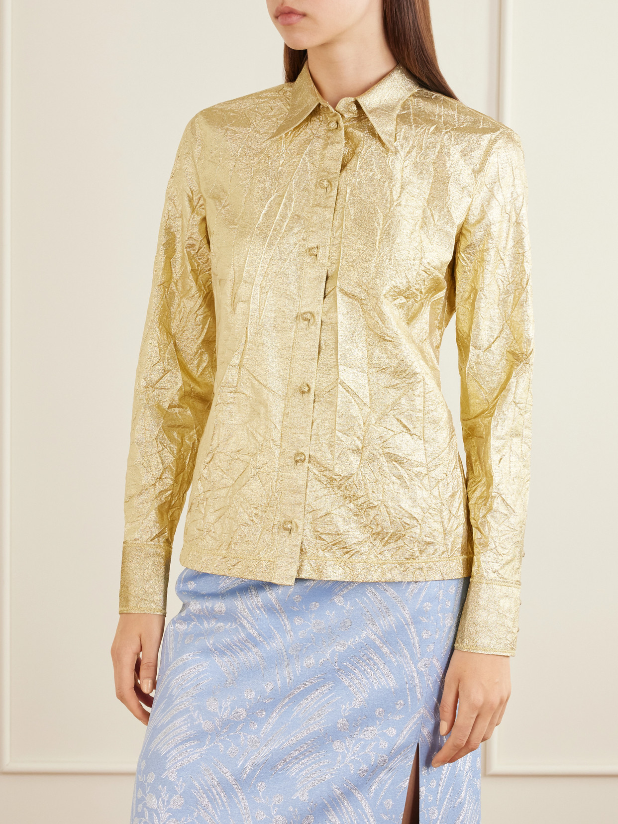 Crinkled Metallic Silk-Blend Shirt