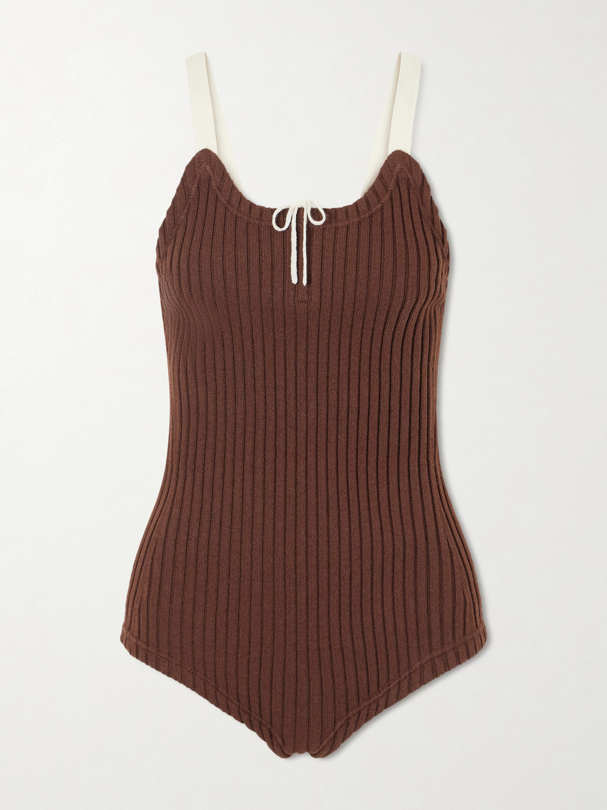 Tory Burch Color-block Ribbed-knit Wool And Cotton-blend Bodysuit In Brown