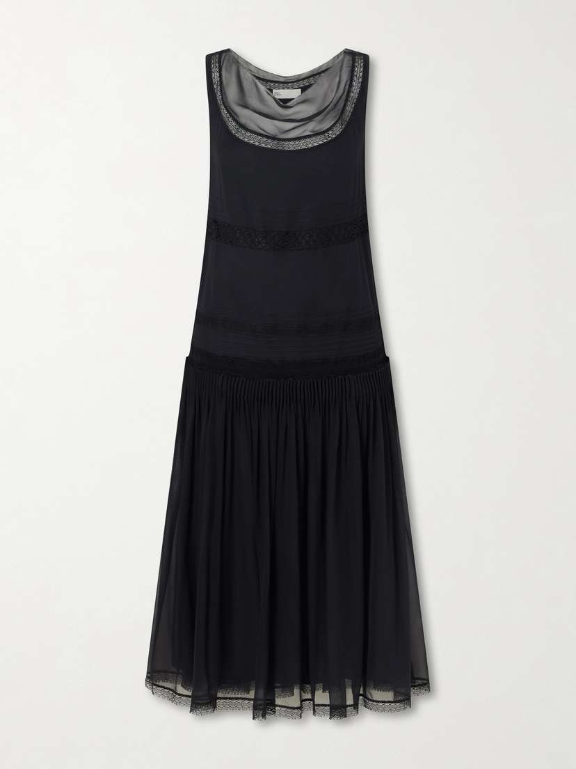 Tory Burch Pleated Lace-trimmed Silk-georgette Midi Dress
