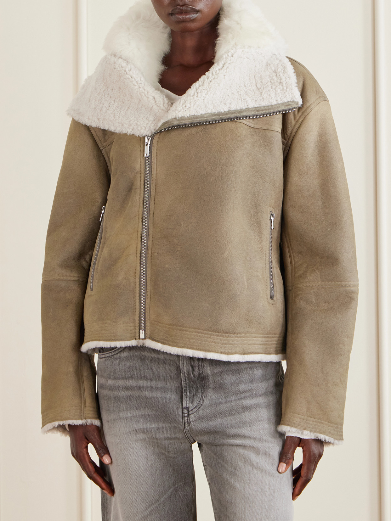 Belted Shearling-Trimmed Jacket