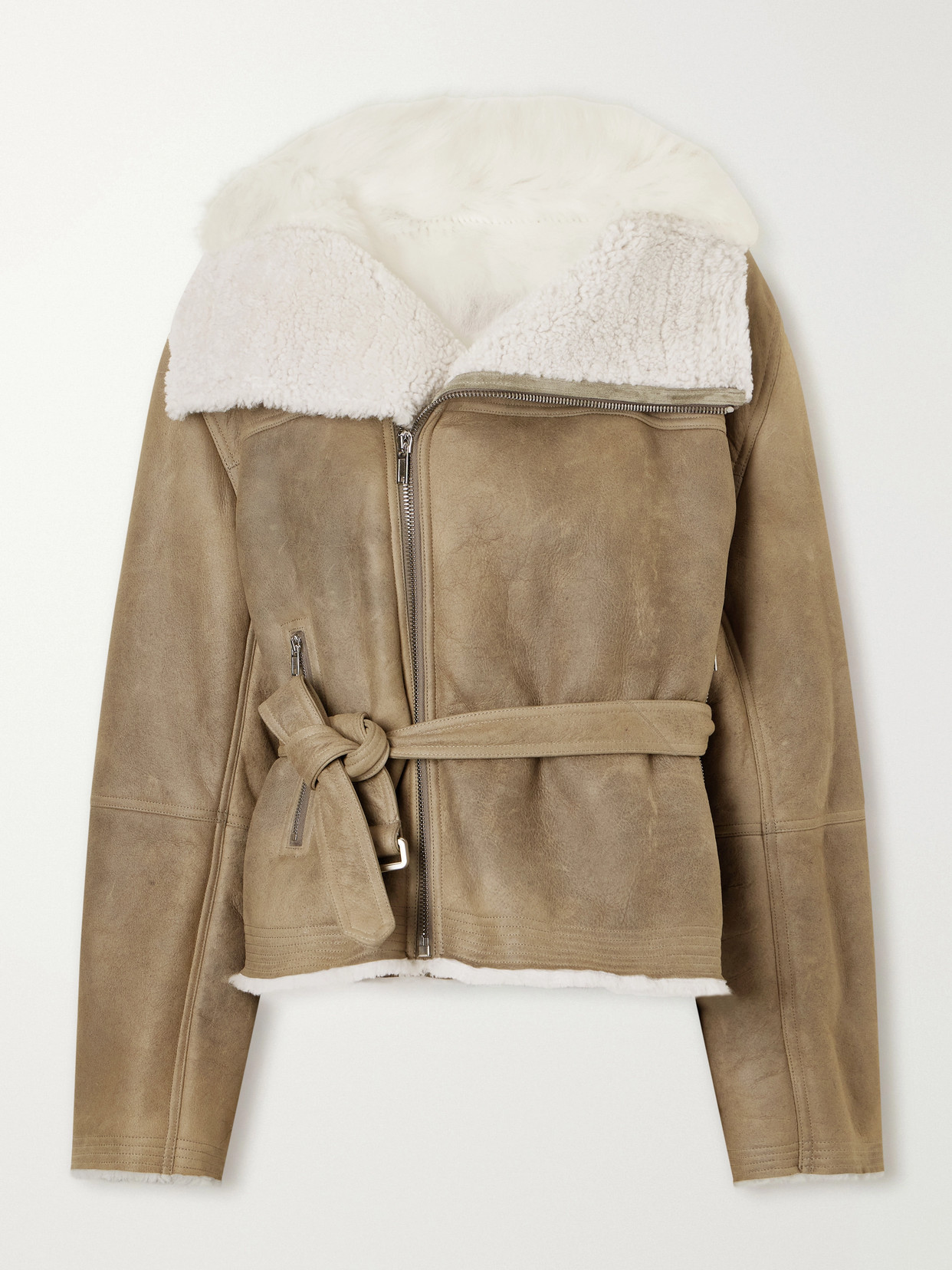Belted Shearling-Trimmed Jacket