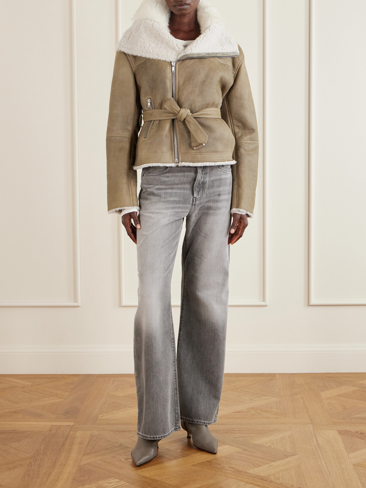 Belted Shearling-Trimmed Jacket
