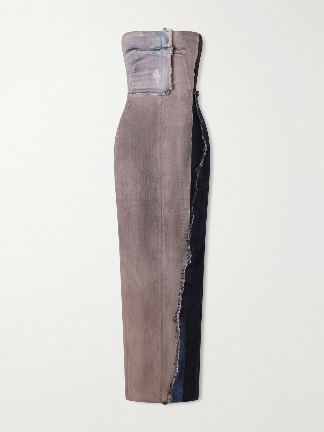 Rick Owens Distressed Paneled Stretch-denim Maxi Dress In Gray