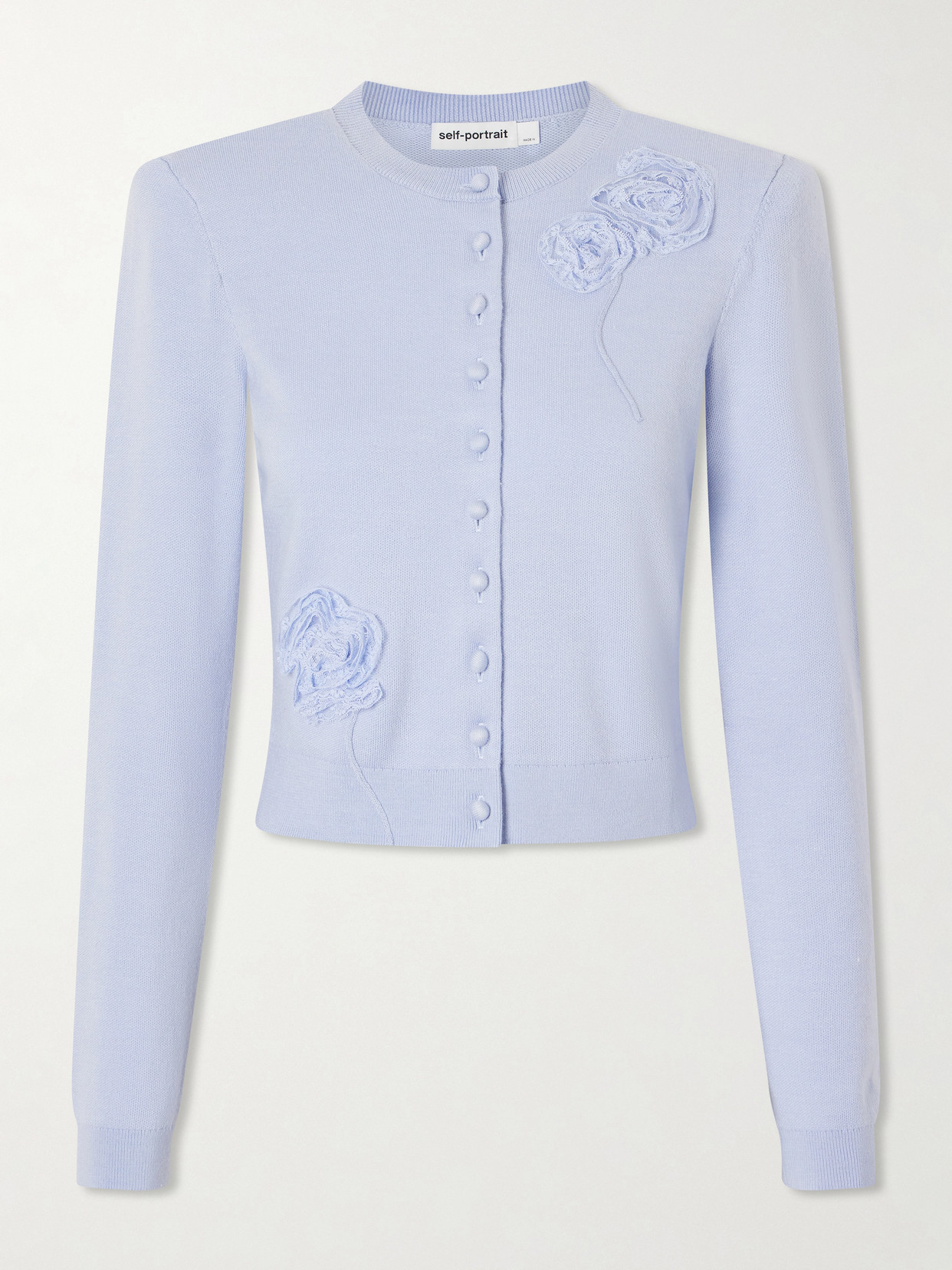 Self-portrait Appliquéd Knitted Cardigan In Blue