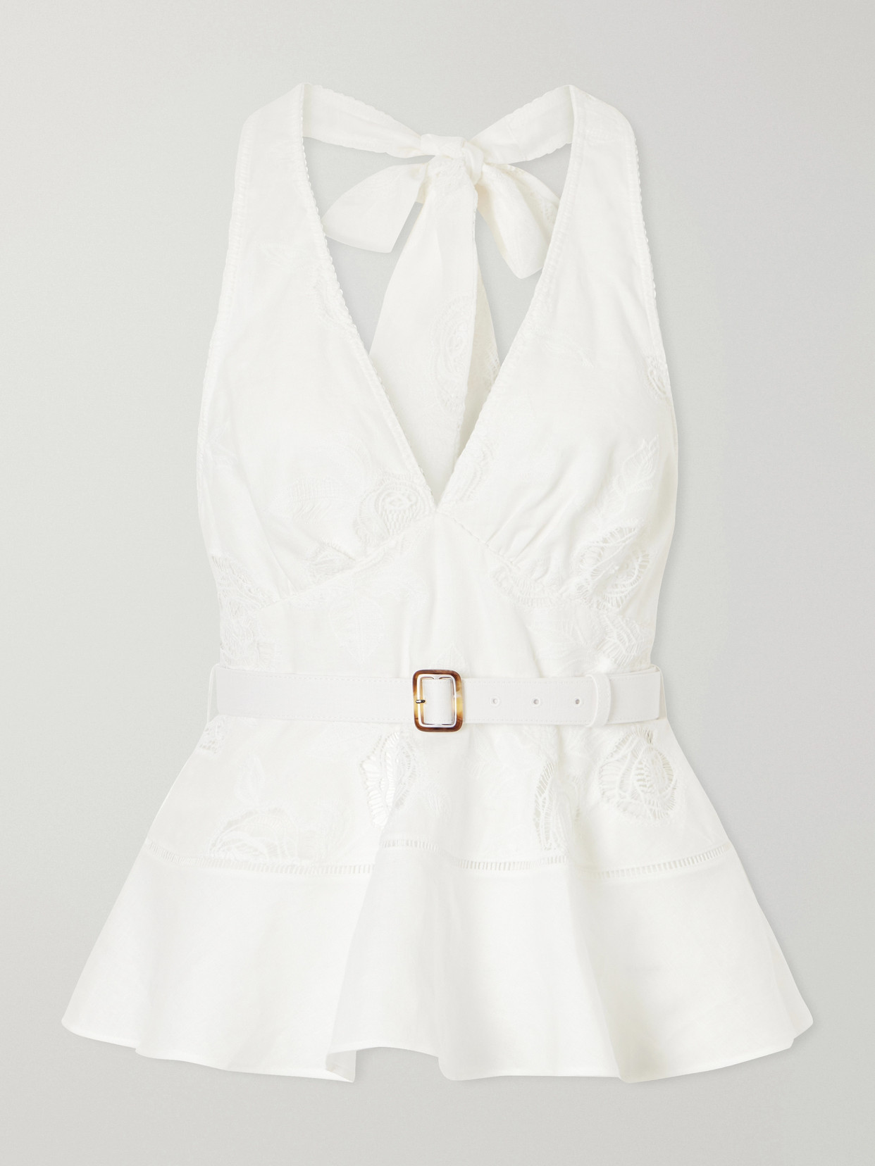 Belted Embroidered Linen And Cotton-Blend Peplum Top