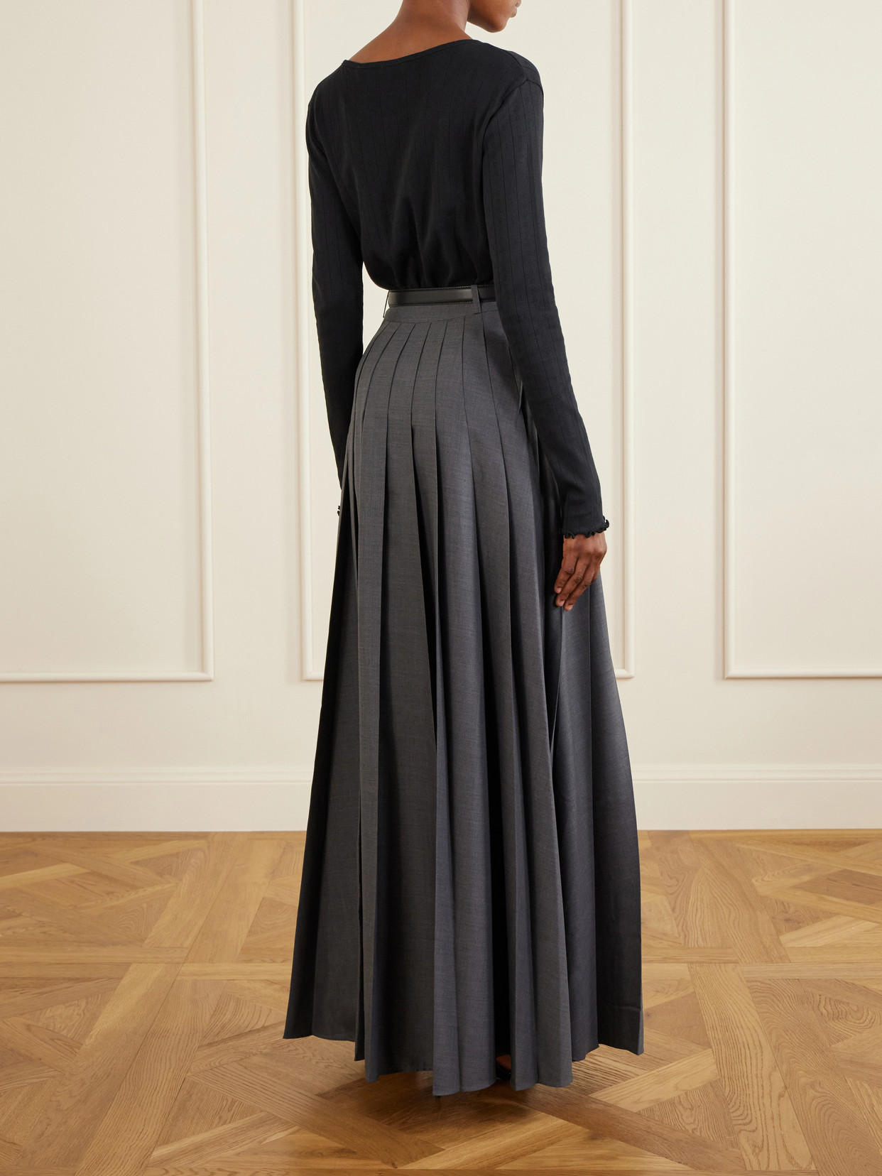 Belted Pleated Woven Grain De Poudre Maxi