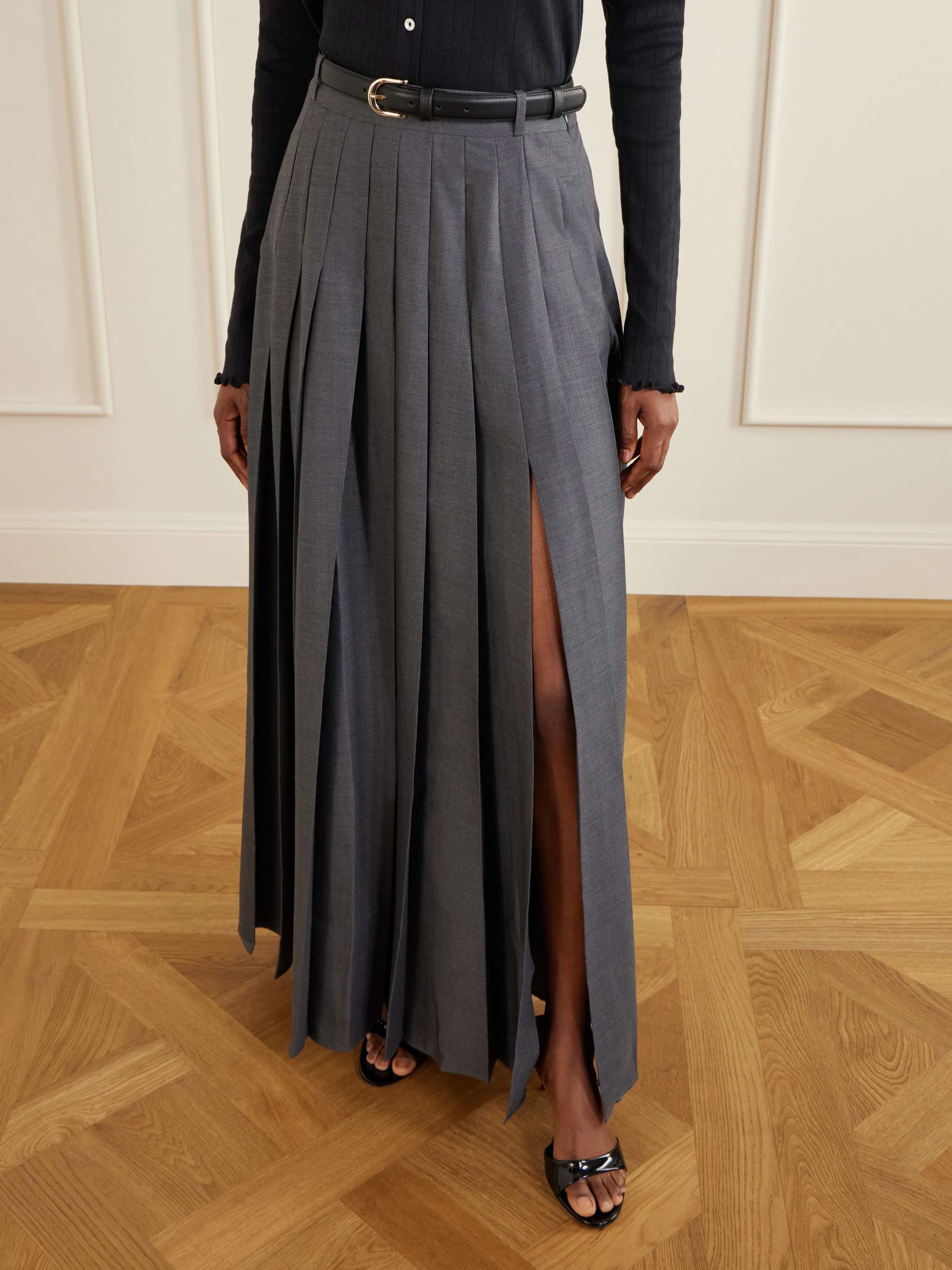 SELF-PORTRAIT Belted pleated woven grain de poudre maxi skirt
