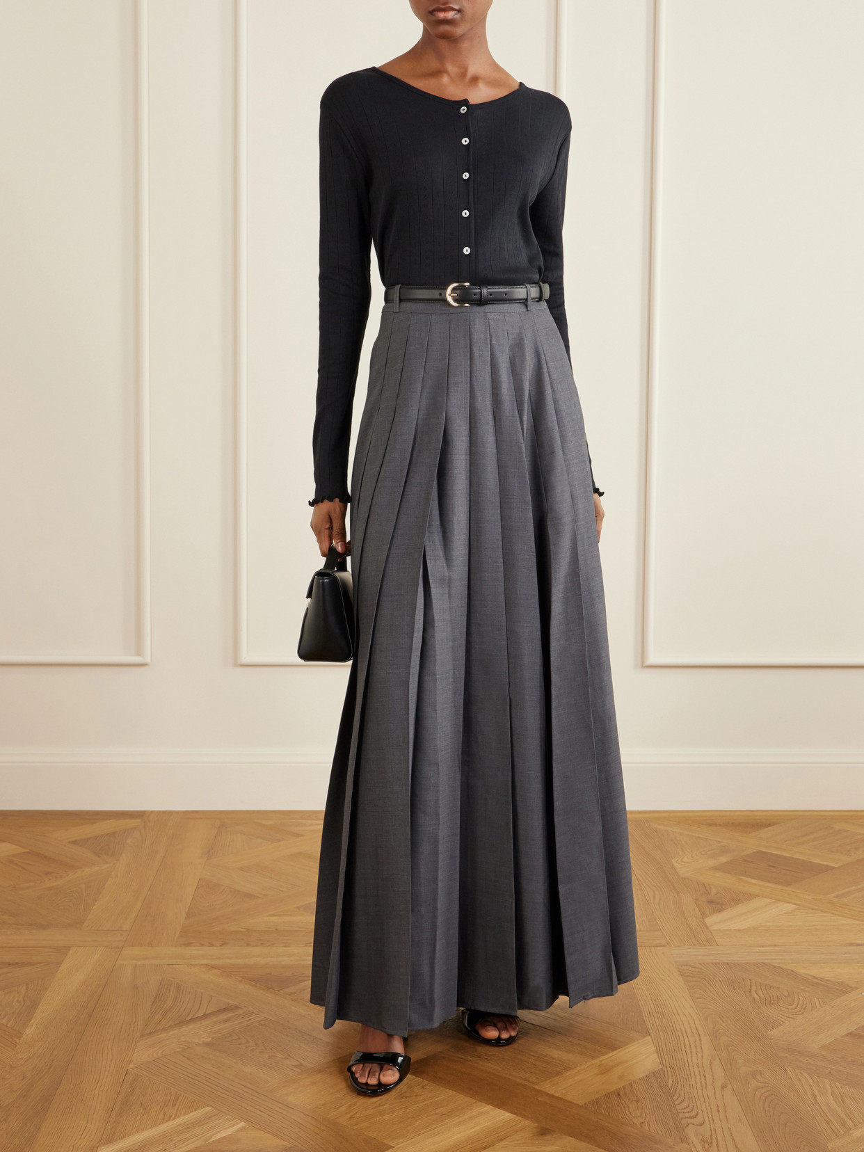 Belted Pleated Woven Grain De Poudre Maxi
