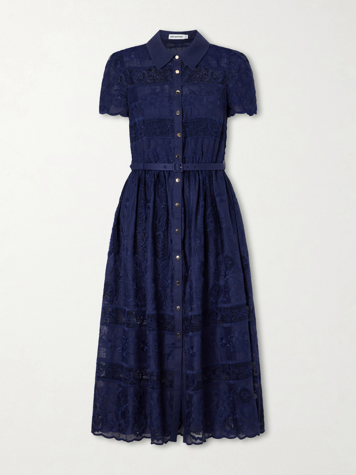 Self-Portrait - Belted Embroidered Lace-trimmed Ramie Midi Dress - Blue