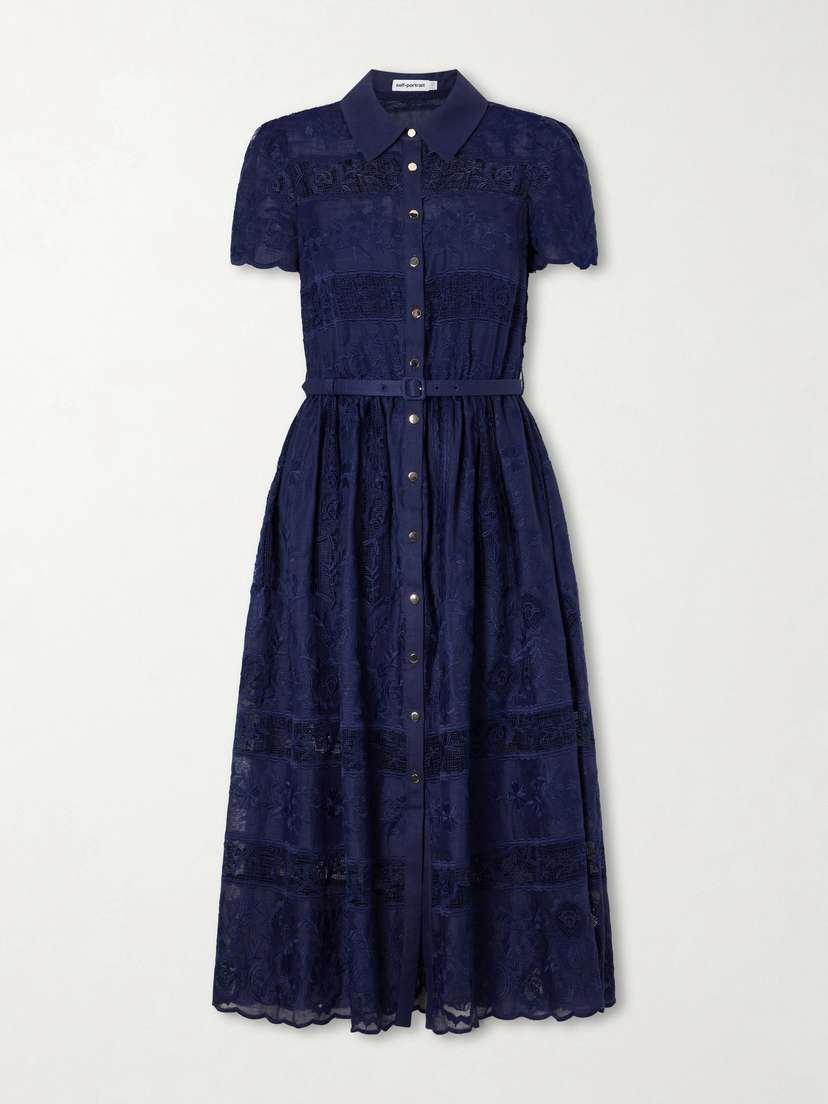 Self-Portrait Belted Embroidered Lace-trimmed Ramie Midi Dress | Thumbnail 5 Self-Portrait Belted Embroidered Lace-trimmed Ramie Midi Dress | Thumbnail 5