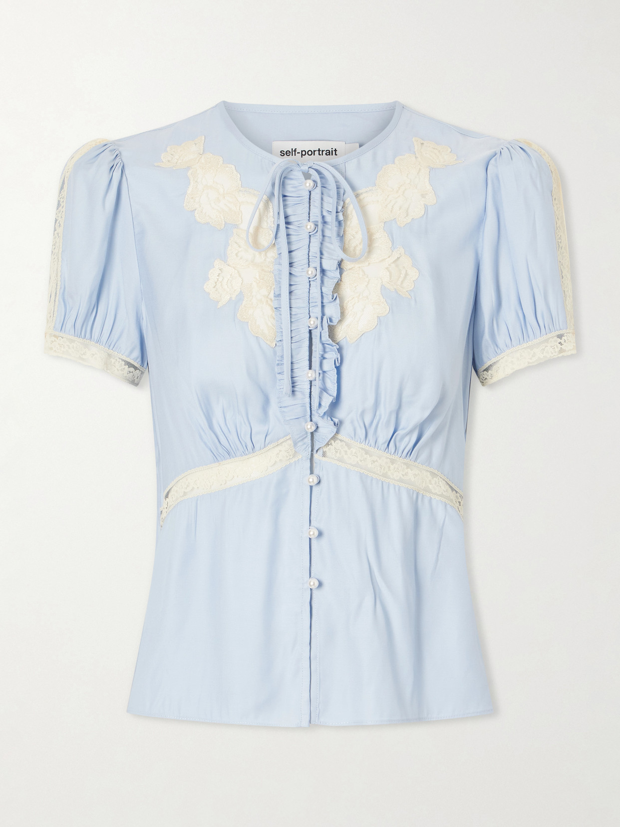 Self-portrait Ruffled Lace-trimmed Satin Blouse In Blue