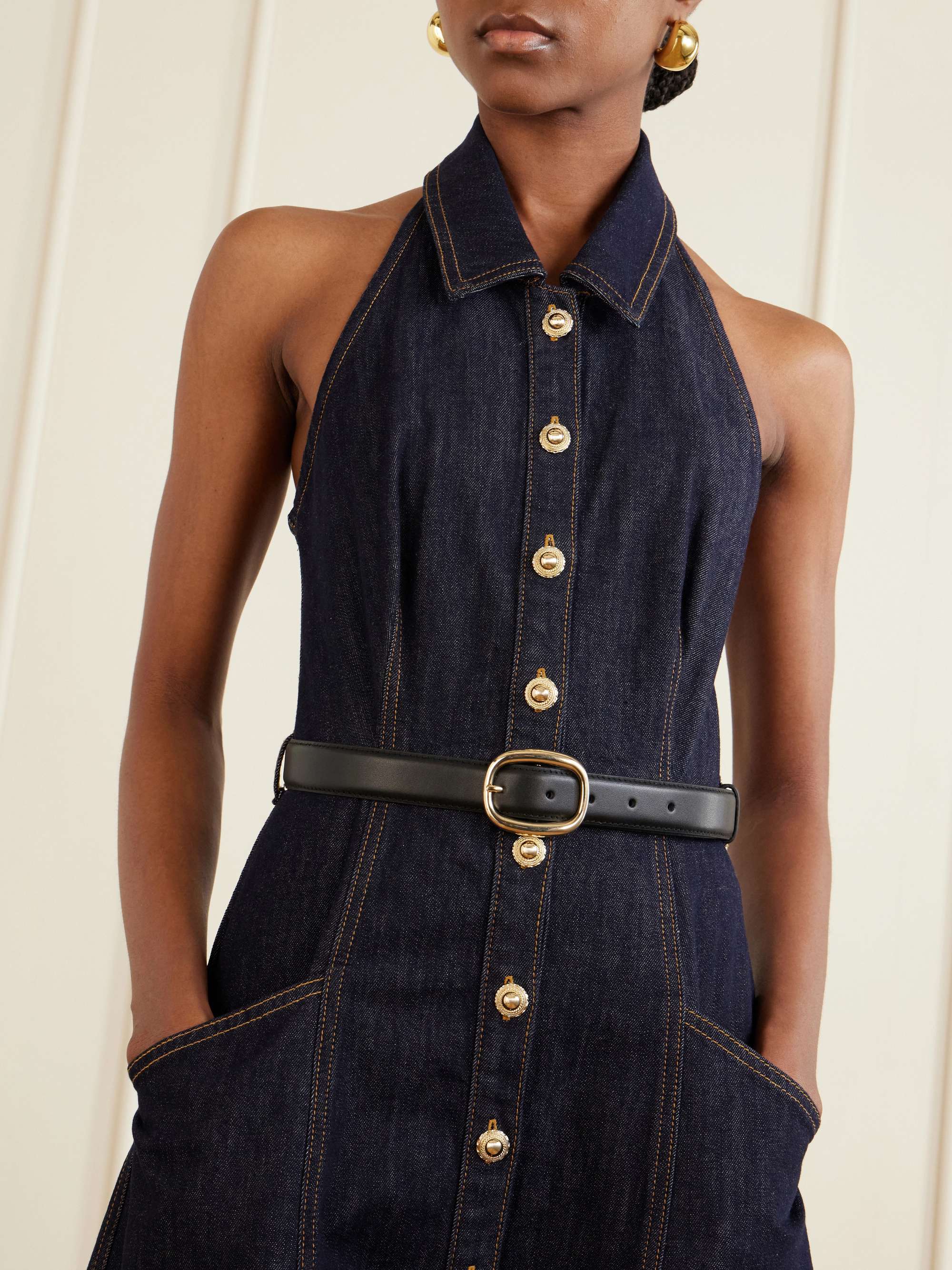 self portrait denim midi dress Belted halterneck denim midi dress - blue