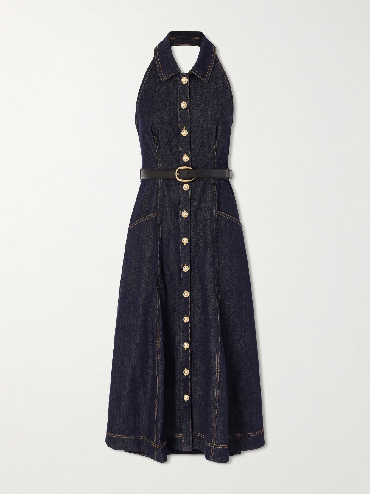 Self-Portrait - Belted Halterneck Denim Midi Dress - Blue