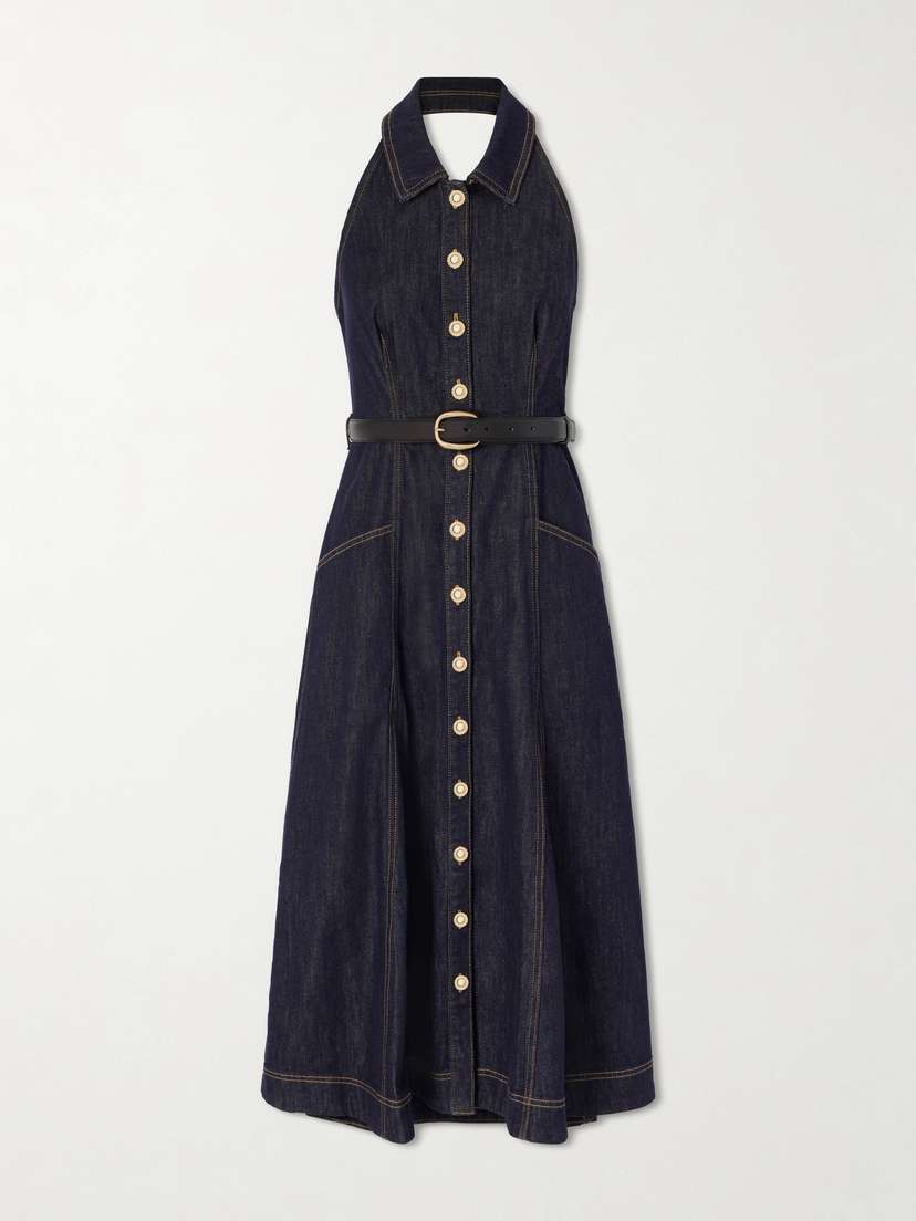 Self-Portrait Belted Halterneck Denim Midi Dress | Thumbnail 5