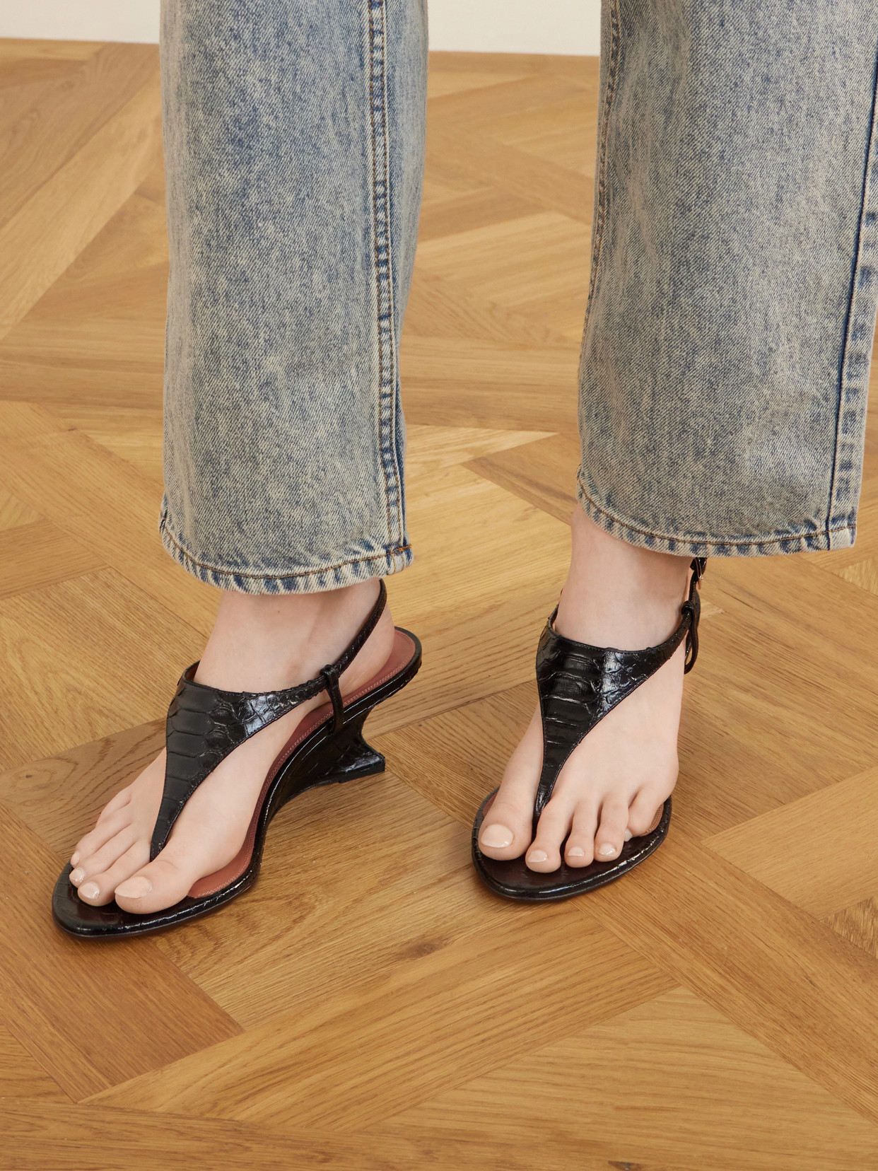 Nina 50 Snake-Effect Leather Thong Sandals