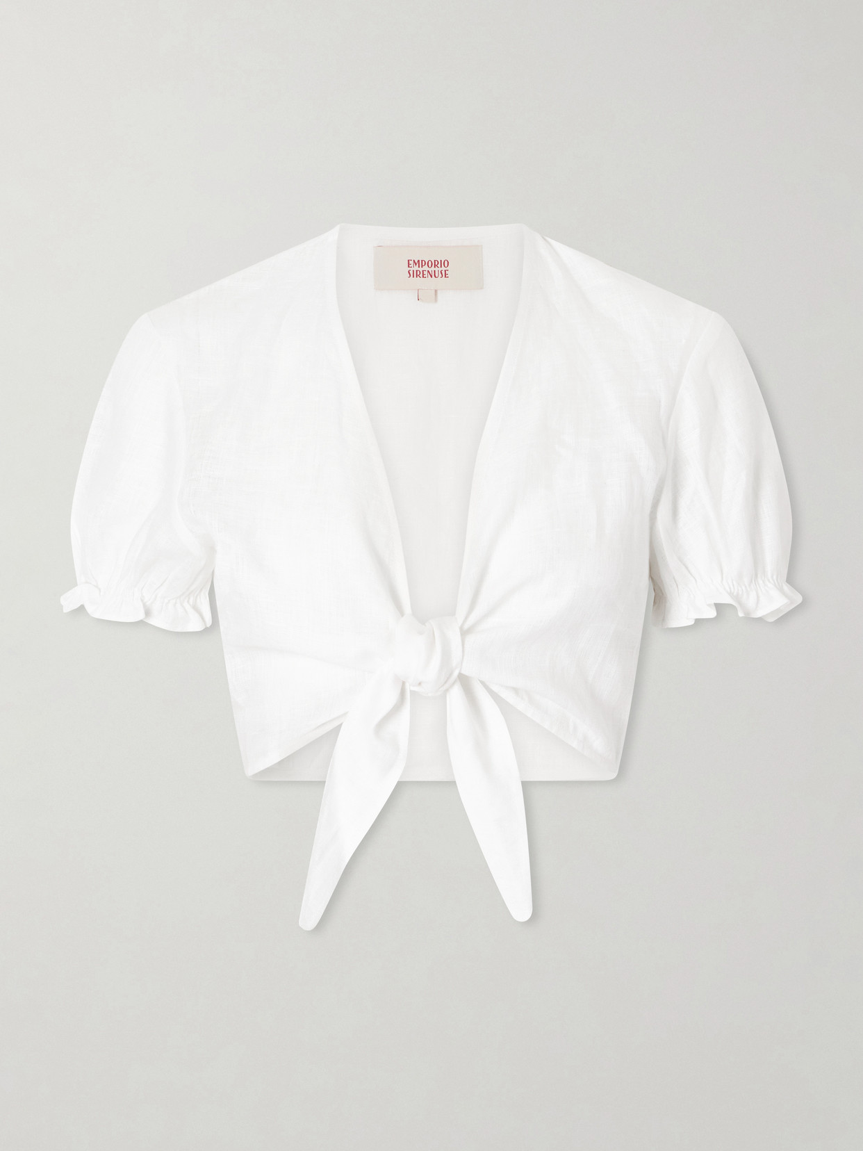 Emporio Sirenuse Poppy Knotted Linen Cropped Top In White