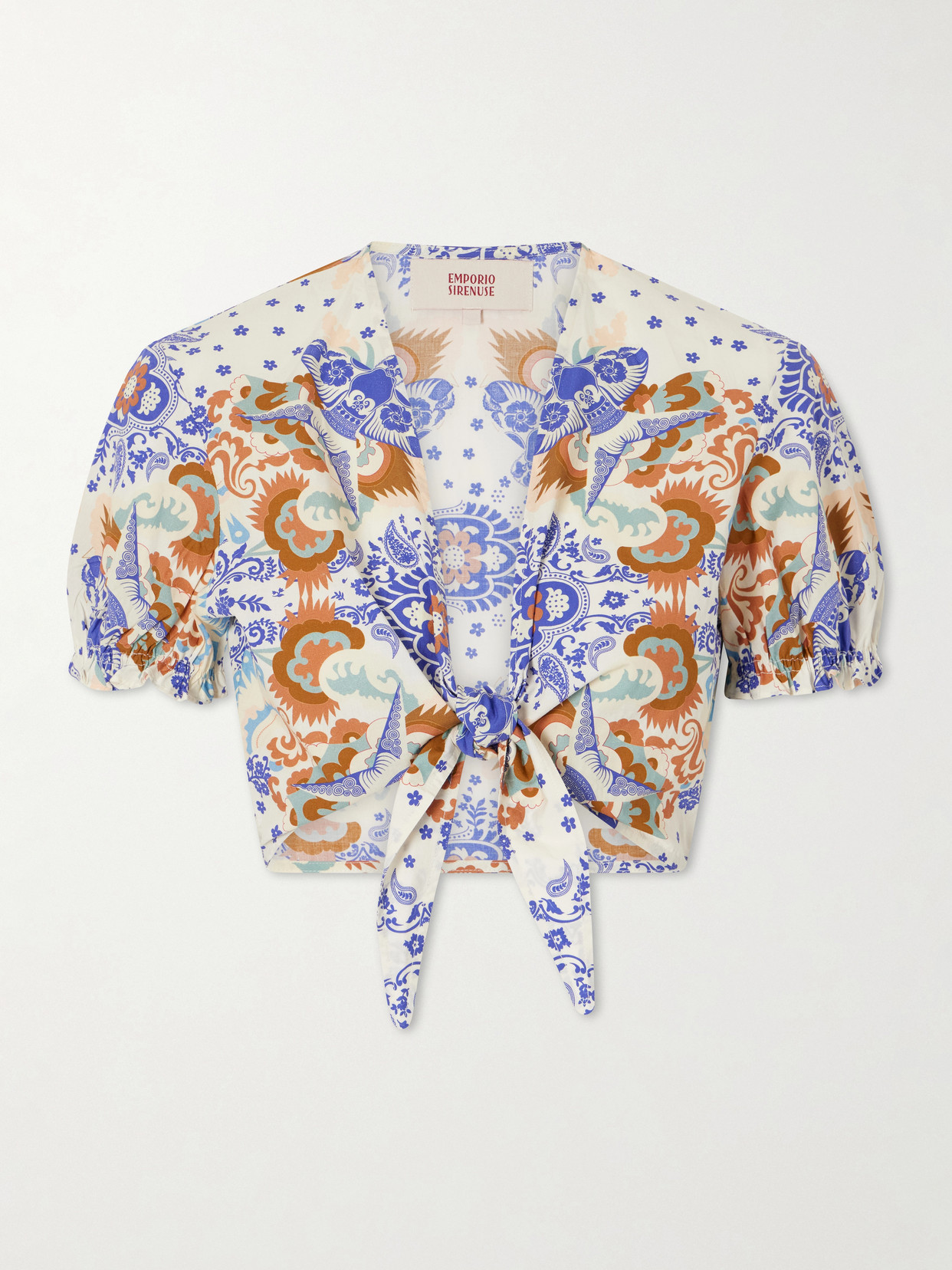 Emporio Sirenuse Poppy Knotted Printed Cotton-poplin Cropped Top In Multi