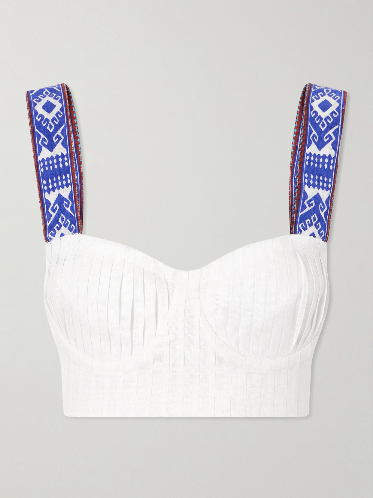 Emporio Sirenuse Dalia Pleated Printed Linen Cropped Top In White