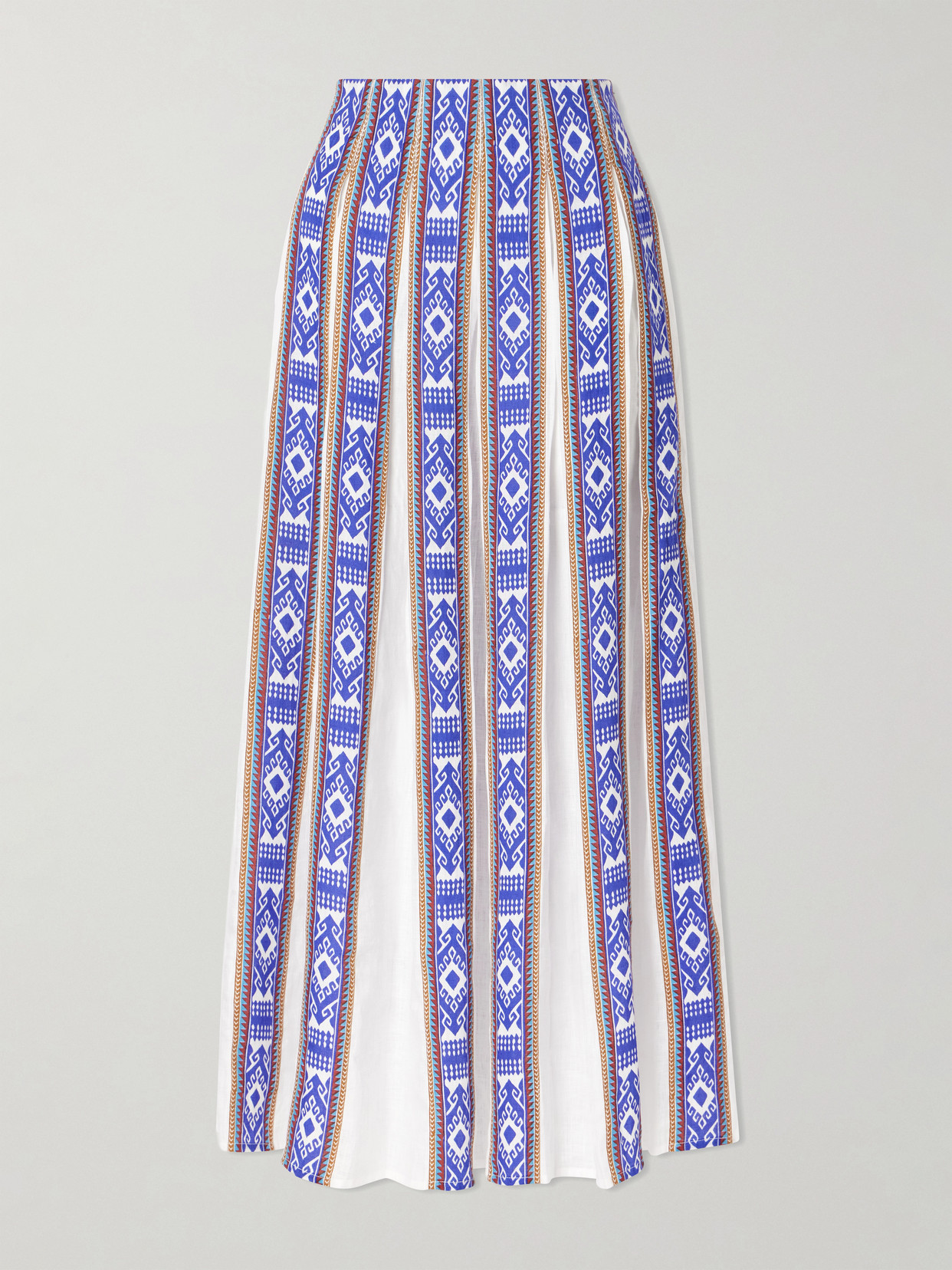 Emporio Sirenuse Aurelia Pleated Printed Linen Midi Skirt In Blue