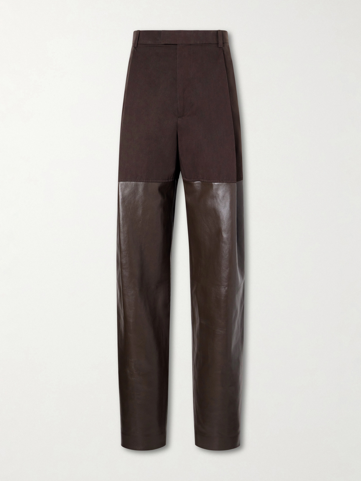 Bottega Veneta - Leather-trimmed Cotton Straight-leg Pants - Brown