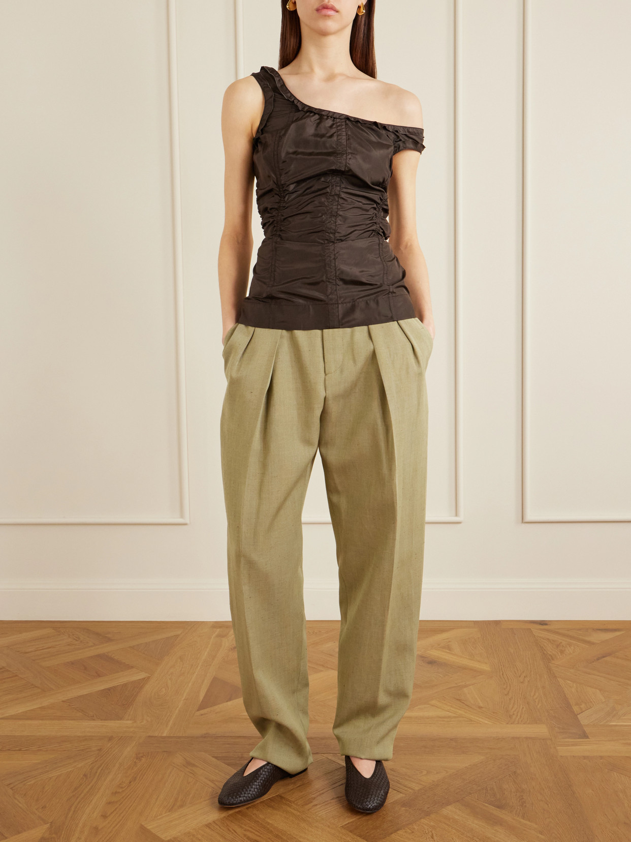 Gathered Paneled Silk-Taffeta Tank