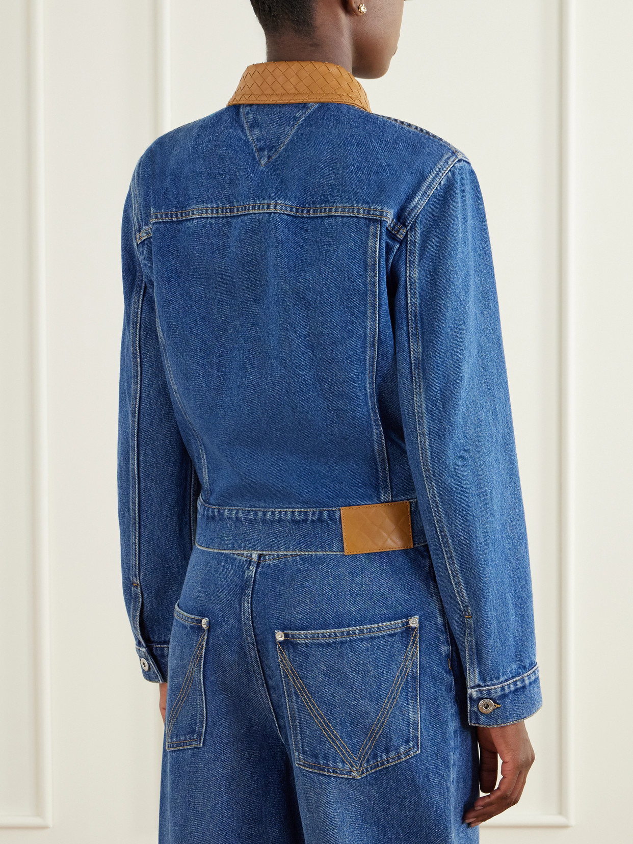 Intrecciato Leather-Trimmed Denim Jacket