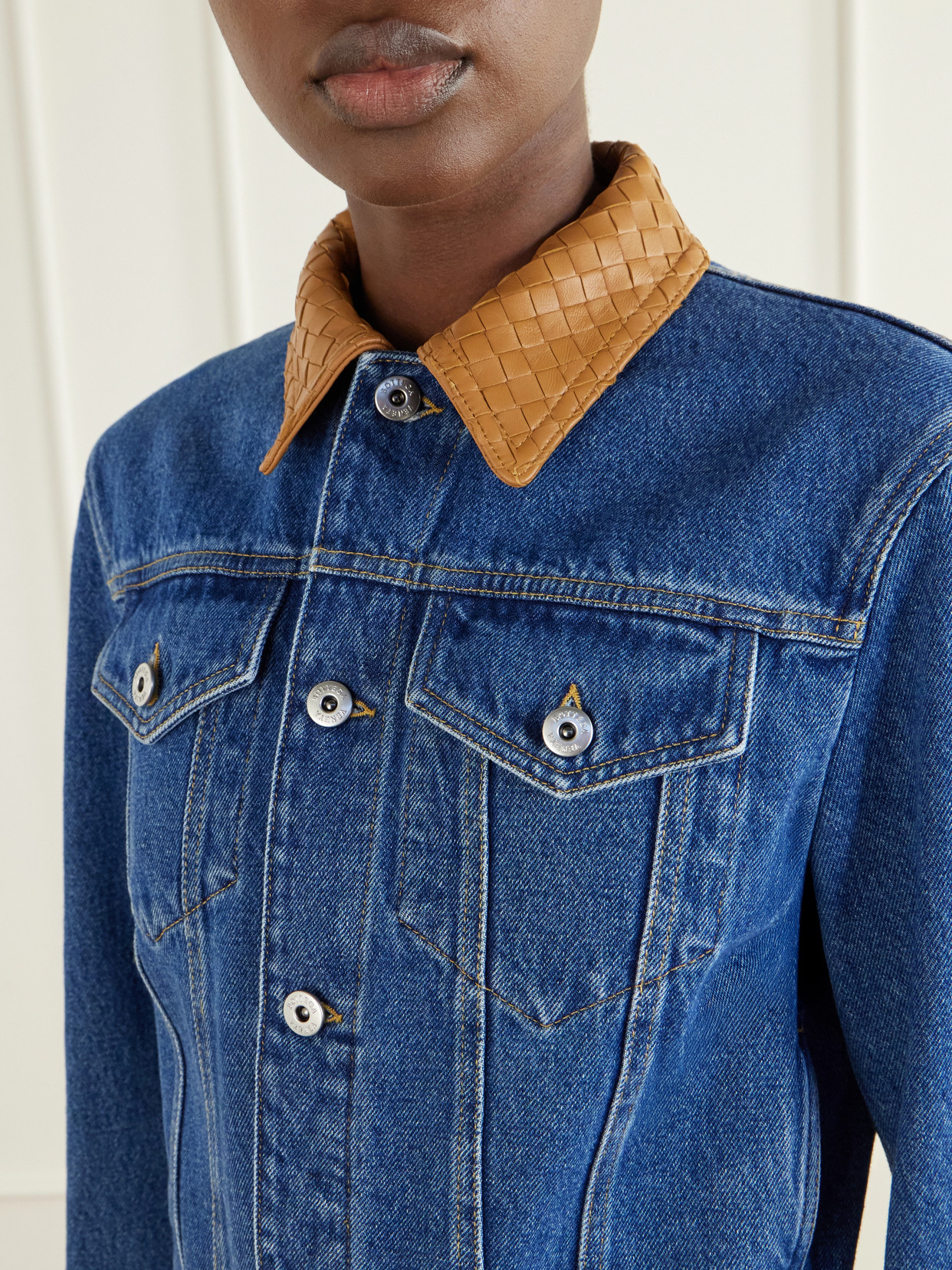 Intrecciato Leather-Trimmed Denim Jacket