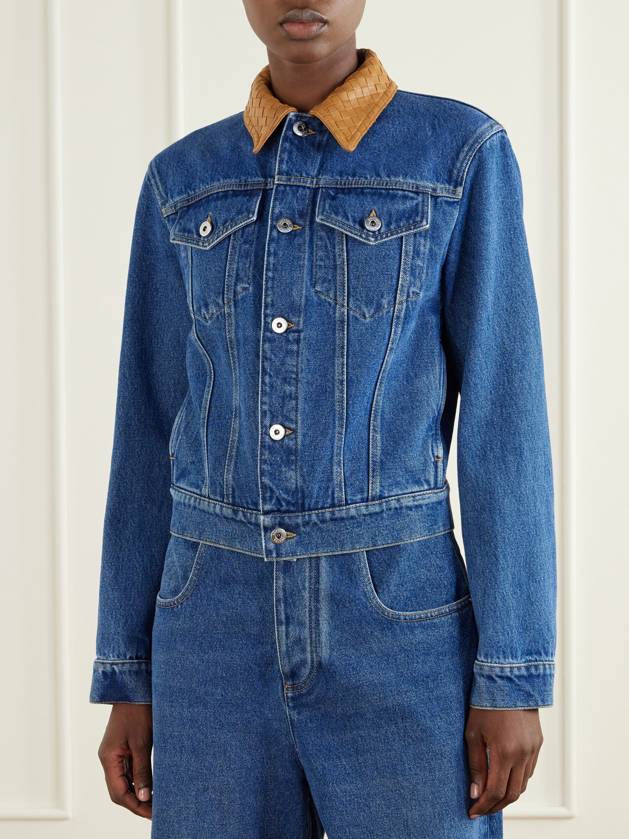 Intrecciato Leather-Trimmed Denim Jacket