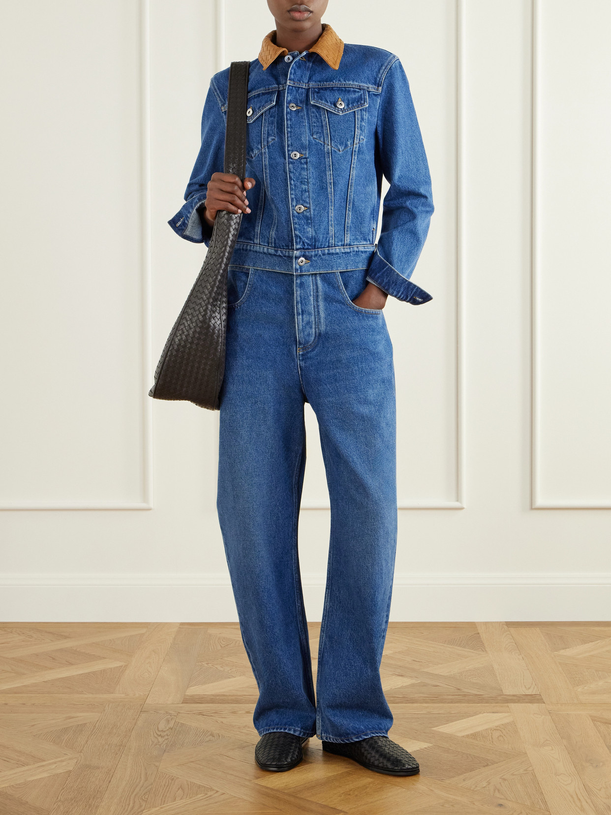 Intrecciato Leather-Trimmed Denim Jacket