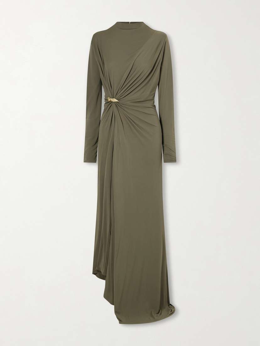 Bottega Veneta Asymmetric Embellished Gathered Jersey Maxi Dress
