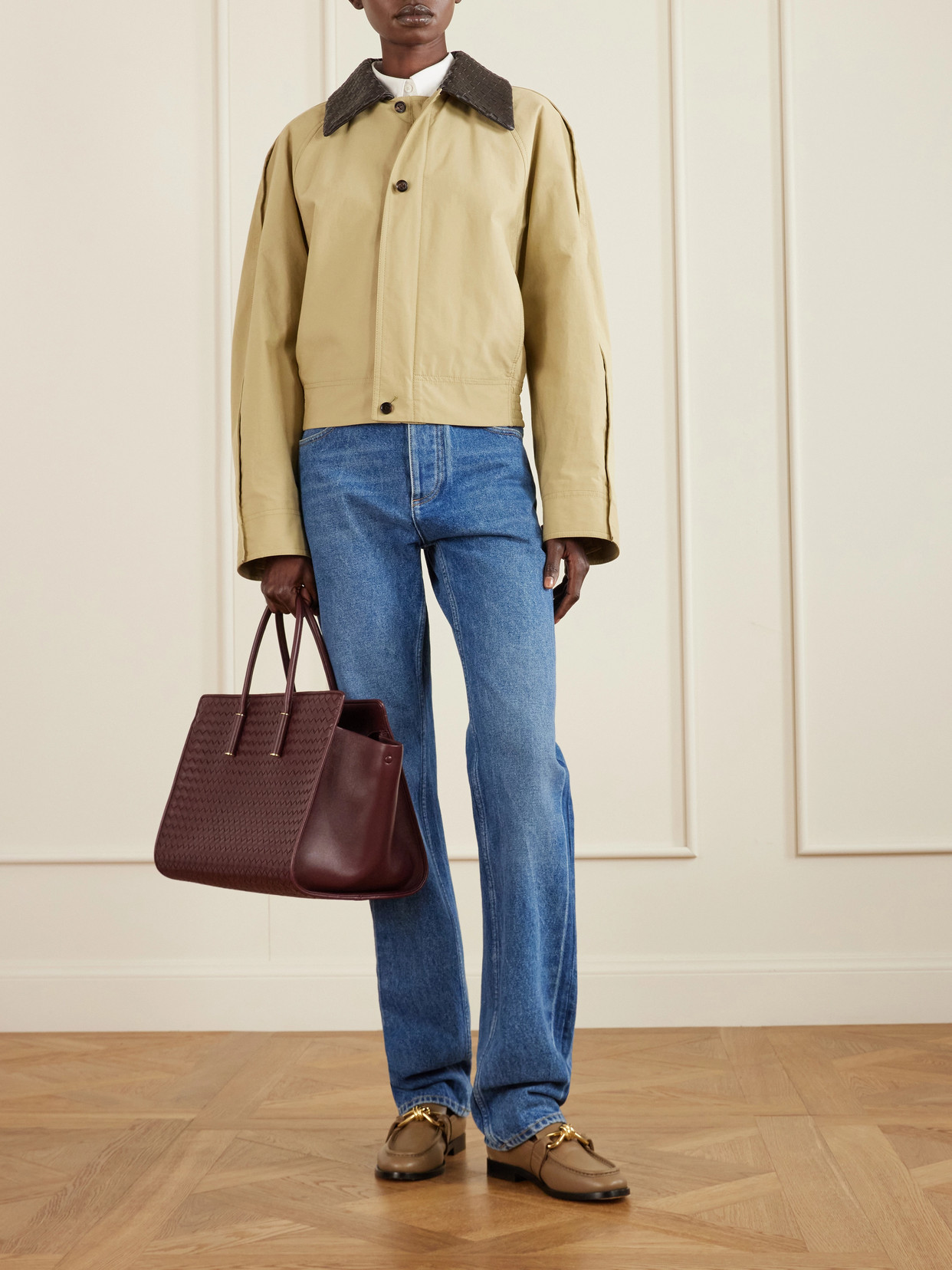 Intrecciato Leather-Trimmed Cotton-Twill Jacket