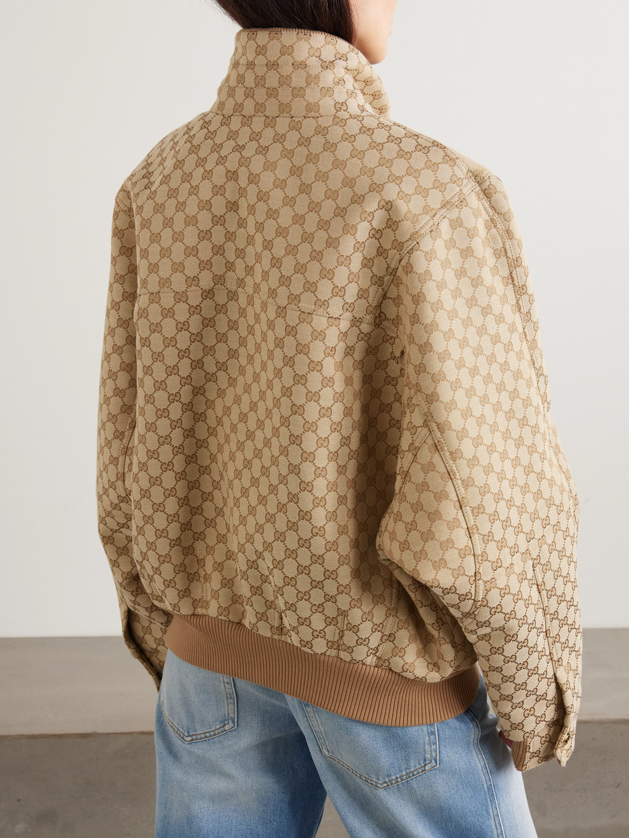 Canvas-Jacquard Turtleneck Bomber Jacket