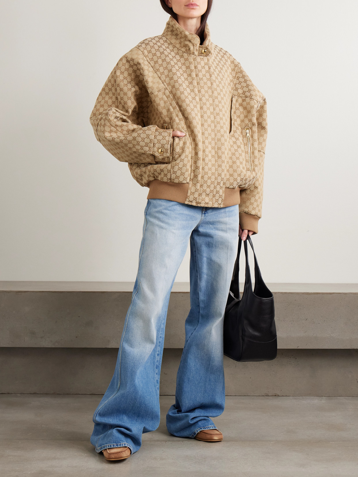 Canvas-Jacquard Turtleneck Bomber Jacket