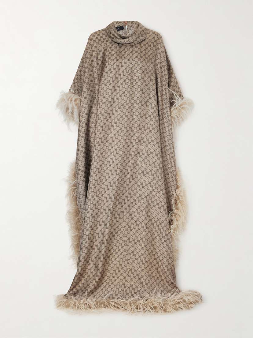 Gucci Feather-trimmed Printed Satin Maxi Dress