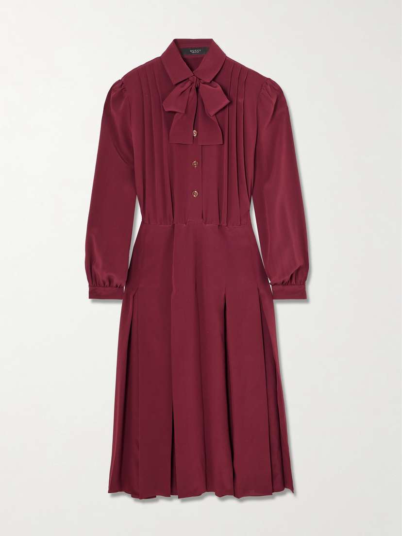 Gucci Pintucked Bow-detailed Silk Crepe De Chine Midi Shirt Dress