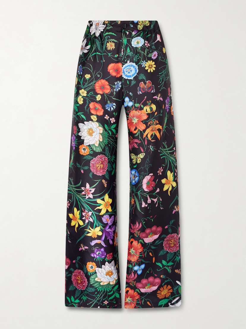 Gucci Floral-print Silk-twill Wide-leg Pants