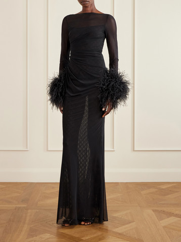 Gucci Layered lace and feather-trimmed crepe de chine maxi dress