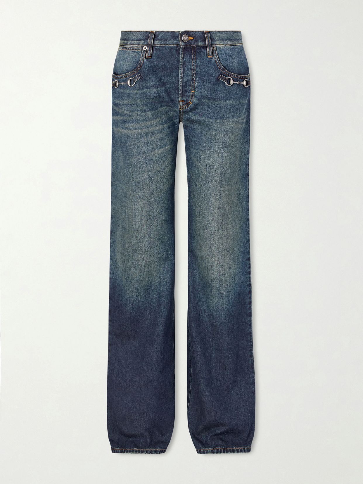 horsebit embellished mid rise wide leg jeans