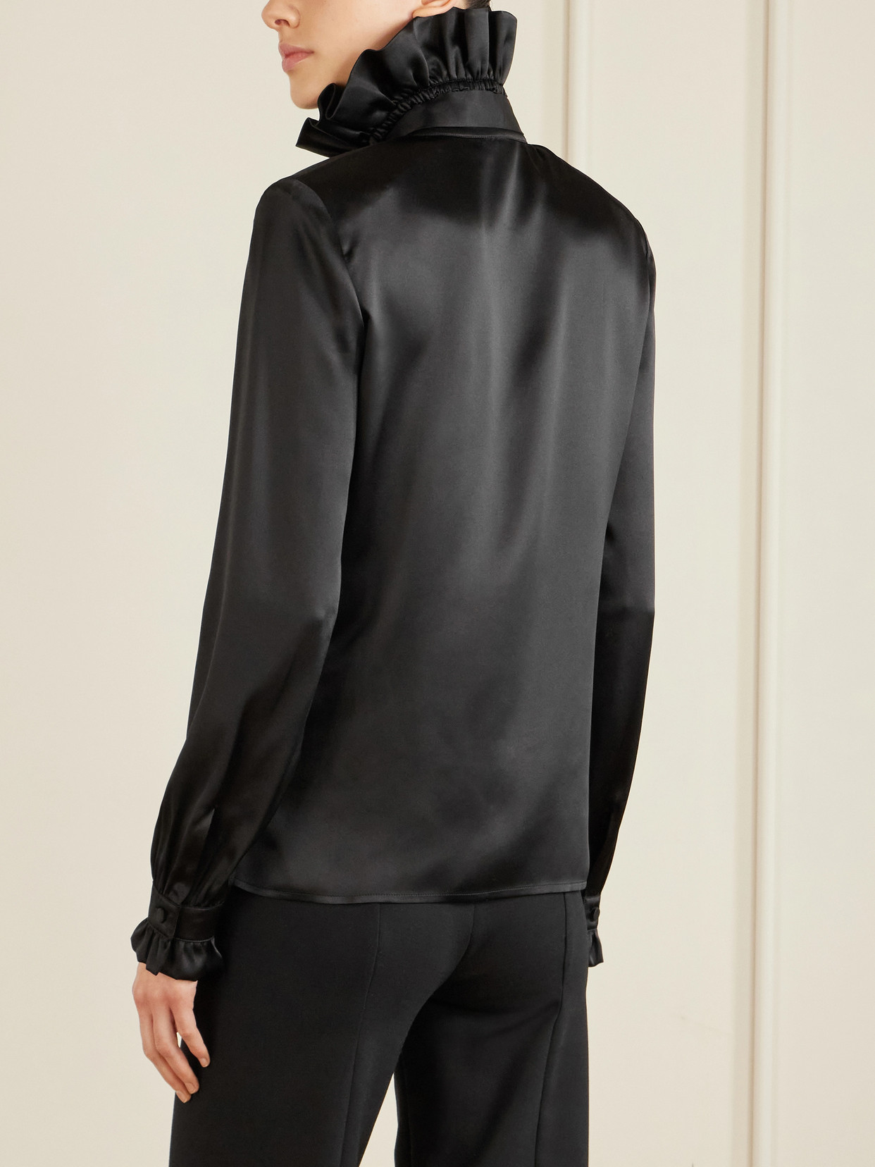 Pussy-Bow Ruffled Silk-Satin Blouse
