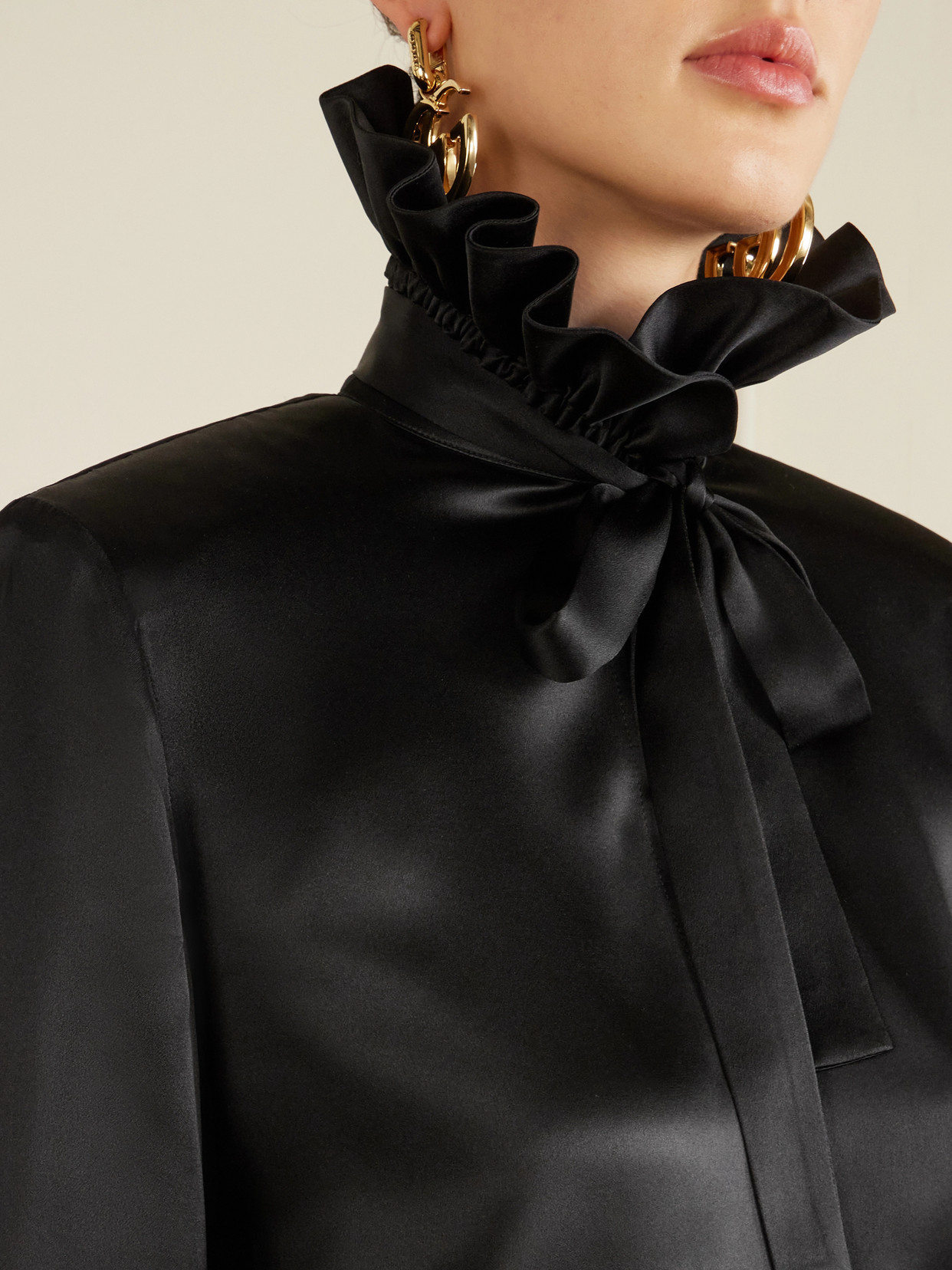 Pussy-Bow Ruffled Silk-Satin Blouse