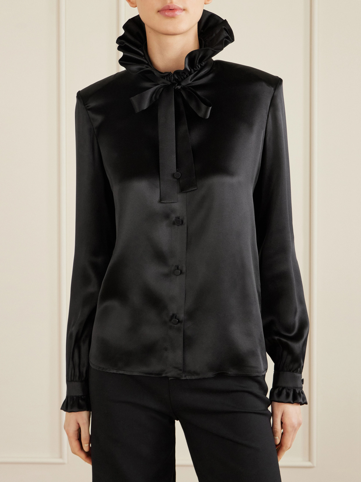 Pussy-Bow Ruffled Silk-Satin Blouse